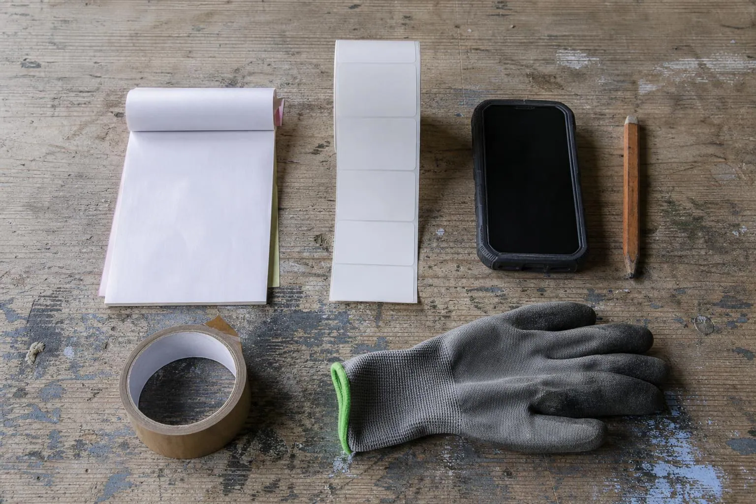 Sur un établi de dépôt, un carnet à souches, un rouleau d’étiquettes autocollantes et un téléphone durci posé écran contre le bois