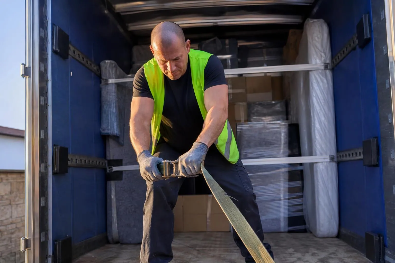 Un chef d’équipage tend une sangle à cliquet sur un chargement calé au fond d’un camion de déménagement, portes arrière ouvertes