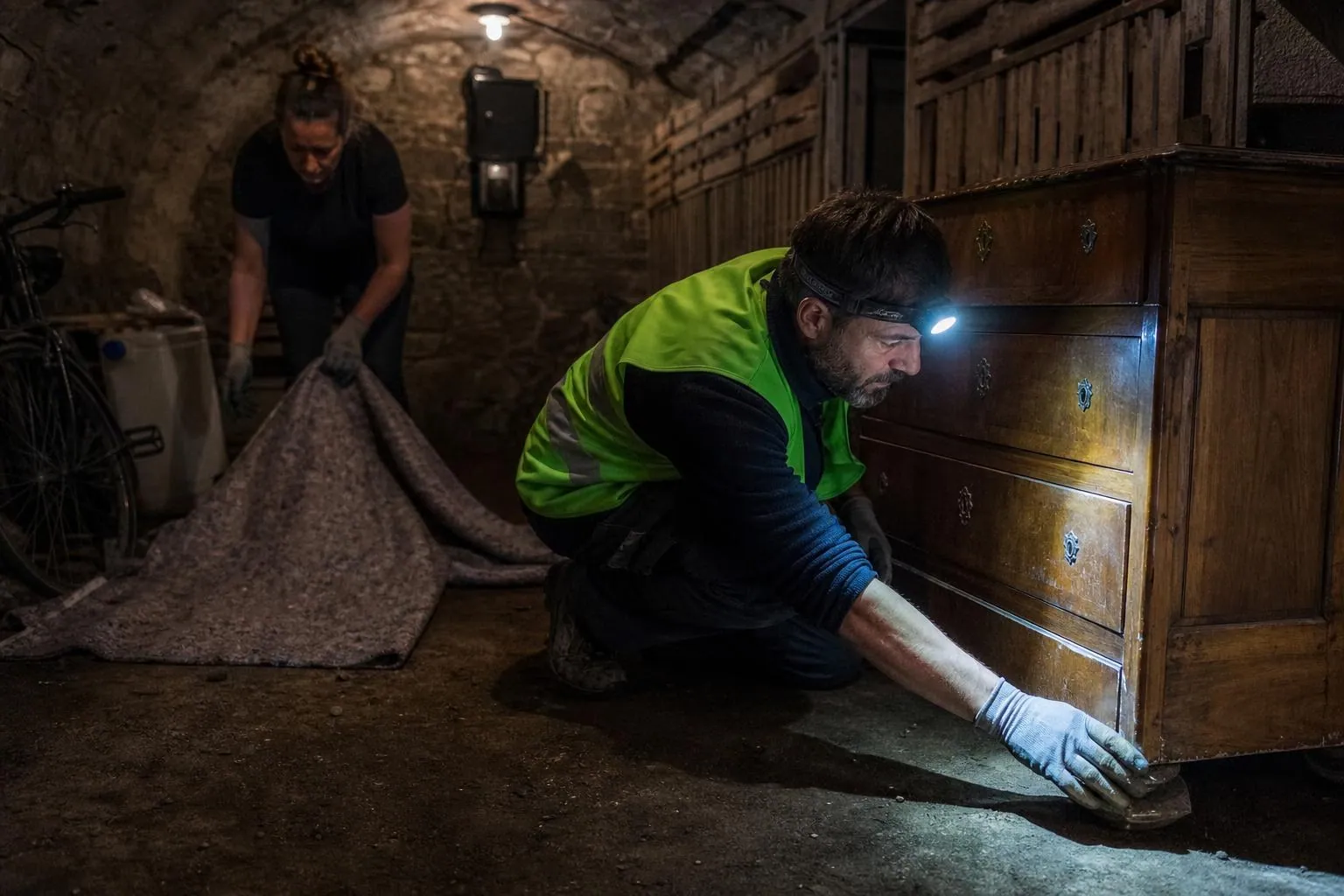 Deux déménageurs accroupis dans une cave voûtée éclairent l’angle d’une commode avant de l’emballer dans une couverture