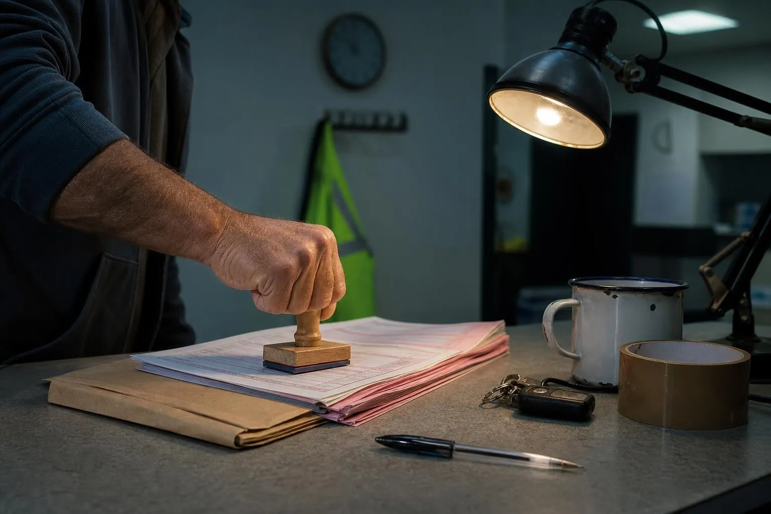 Sur un coin de bureau de dépôt, une main d’homme pose un tampon dateur en bois à côté d’une liasse de formulaire et d’une enveloppe kraft