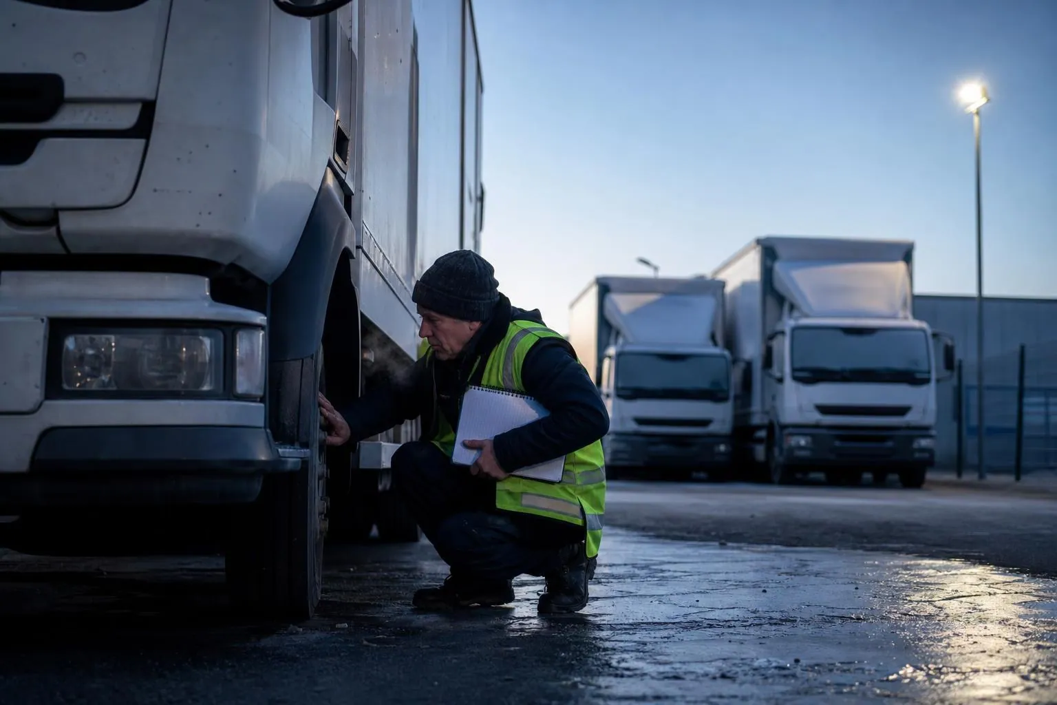 À l’aube dans une cour de dépôt givrée, un patron accroupi contrôle un pneu de camion, carnet sous le bras, deux camions alignés derrière lui