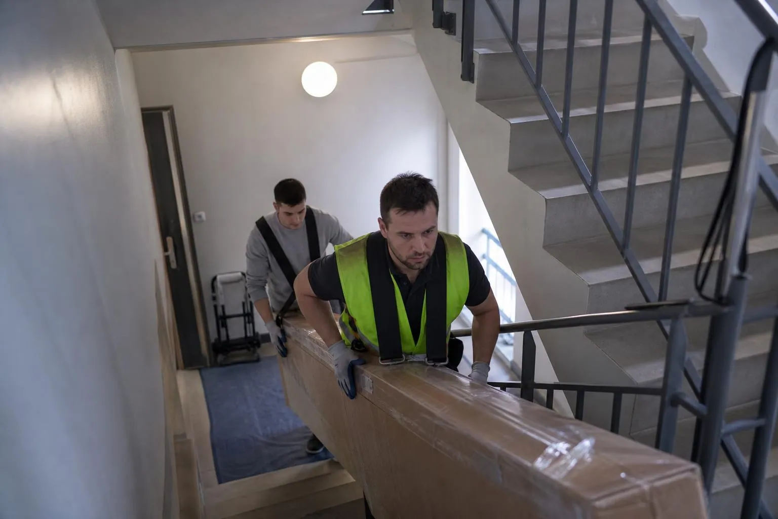Deux livreurs portent un plan de travail emballé dans la cage d’escalier d’un immeuble récent, sangles de portage sur les épaules