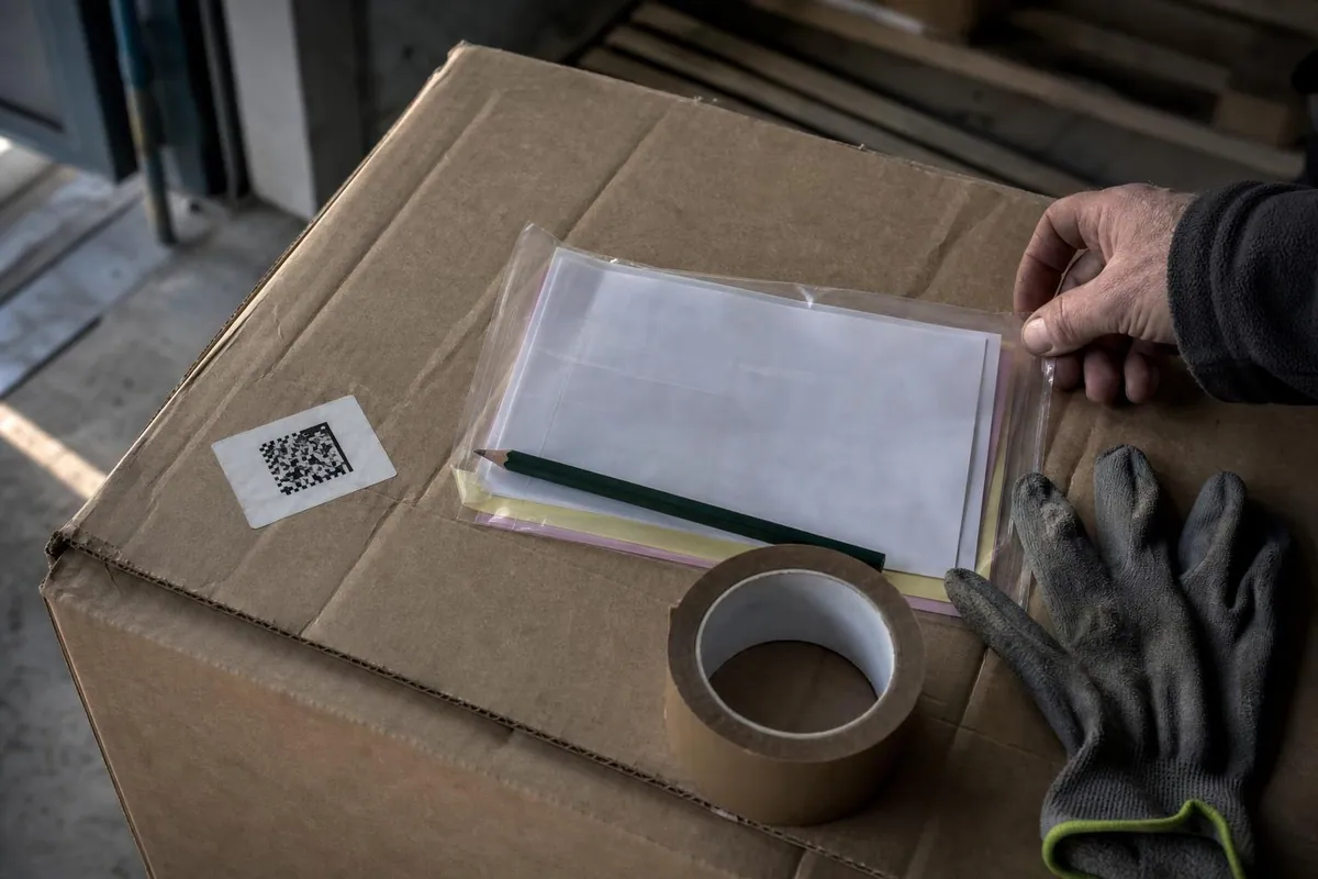 Gros plan d’une lettre de voiture papier posée sur un carton, avec une étiquette autocollante à code carré et un crayon gras