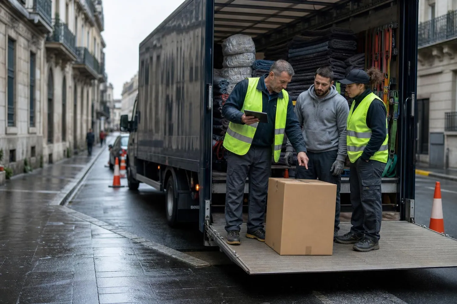 Trois déménageurs en gilet de sécurité devant le hayon ouvert de leur camion, dans une rue d’immeubles en pierre, tôt le matin