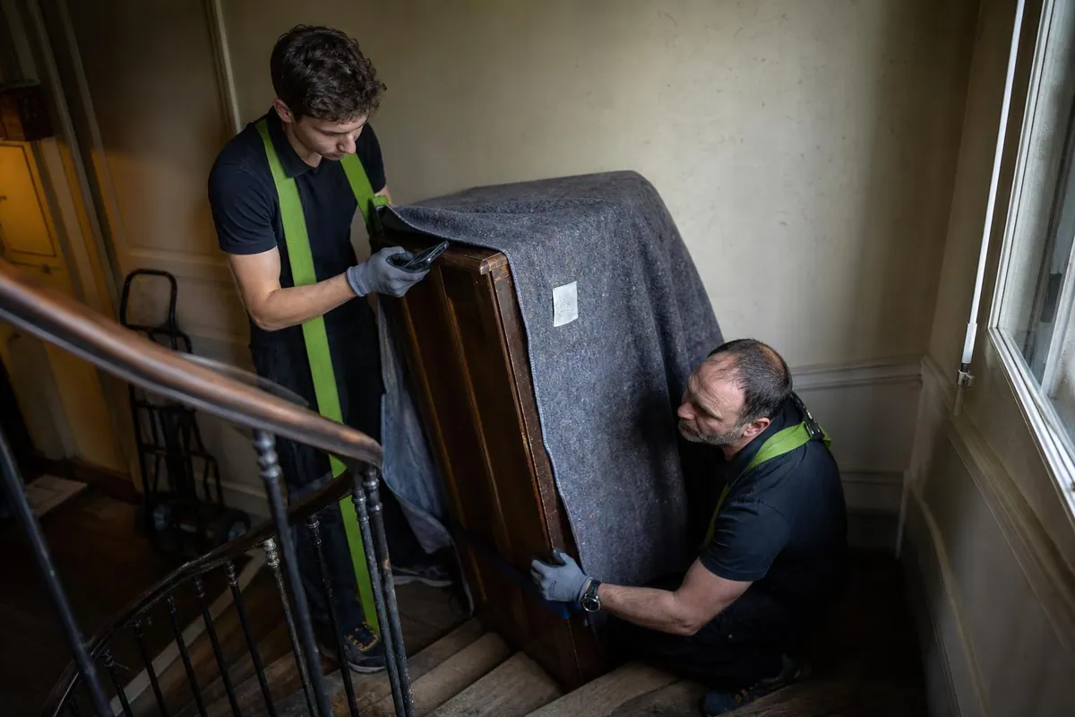 Deux déménageurs sanglent une armoire dans une cage d’escalier ancienne, l’un photographie un angle du meuble avec un téléphone